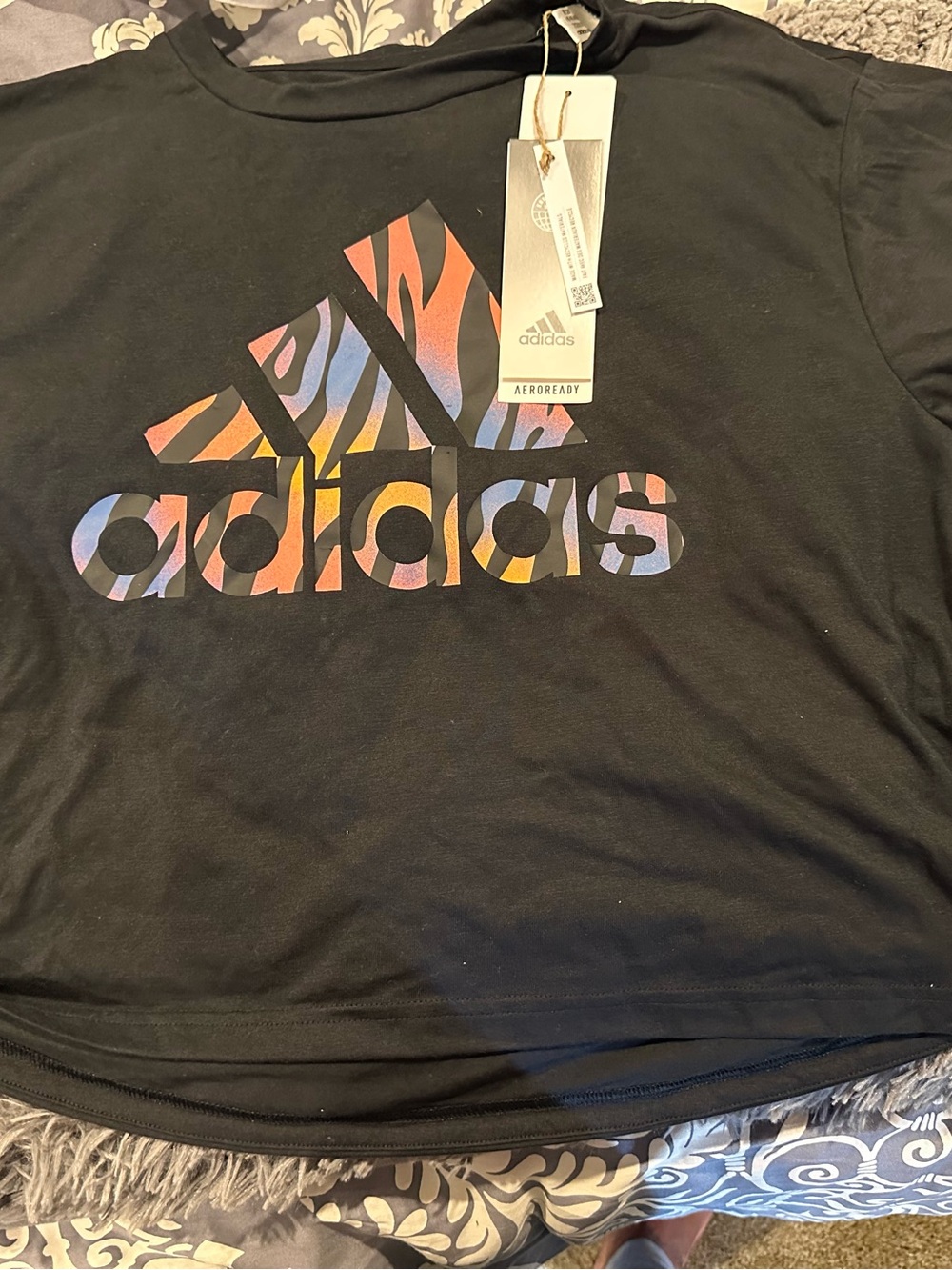 Adidas Black Crop Tee with Multicolor Zebra Logo